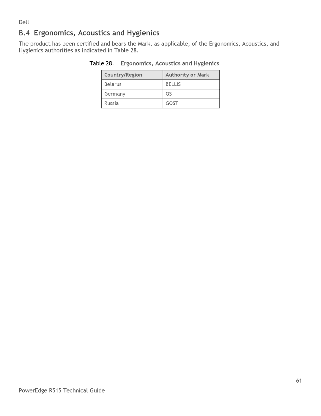 Dell R515 manual Ergonomics, Acoustics and Hygienics 