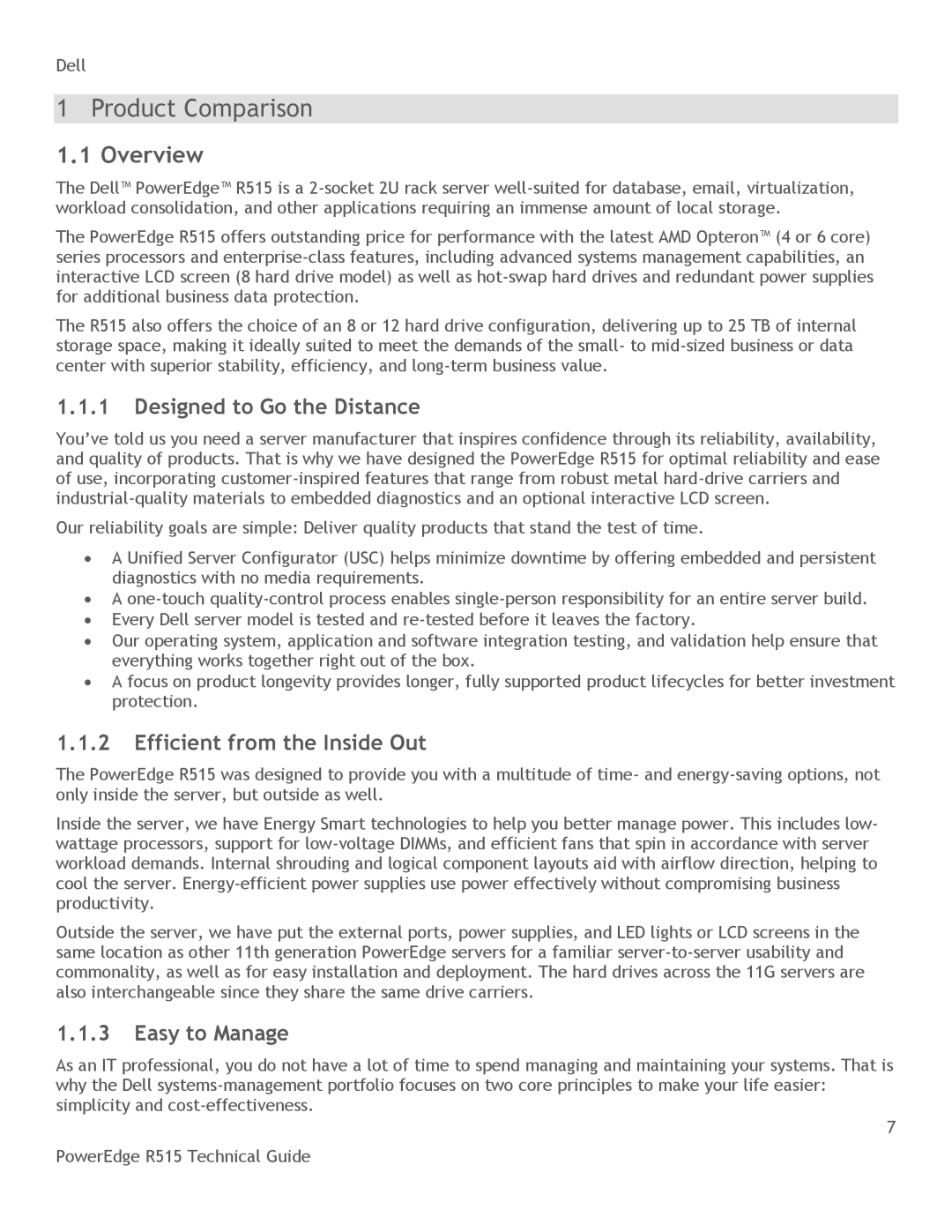 Dell R515 manual Product Comparison, Overview, Designed to Go the Distance, Efficient from the Inside Out, Easy to Manage 