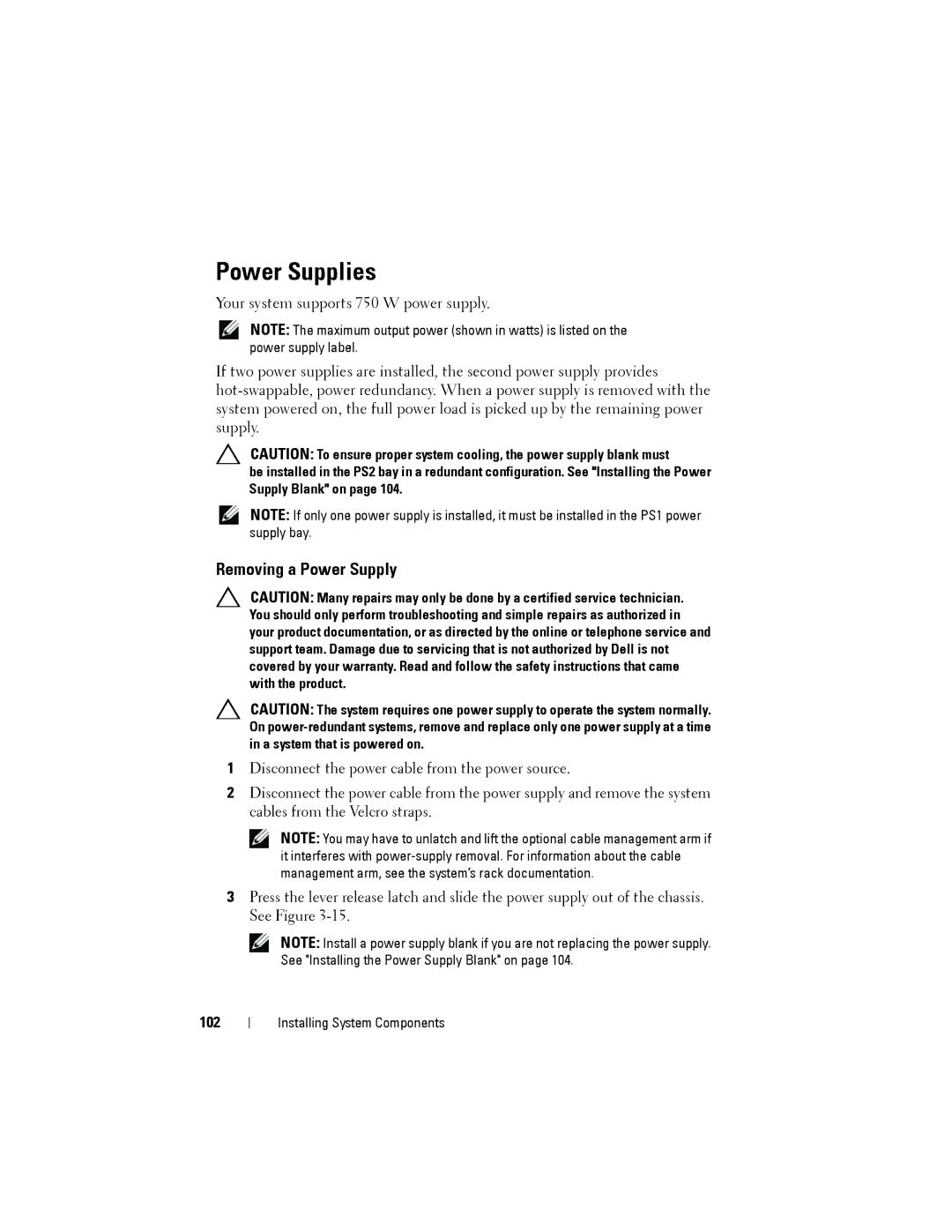 Dell R515 owner manual Power Supplies, Removing a Power Supply, 102 