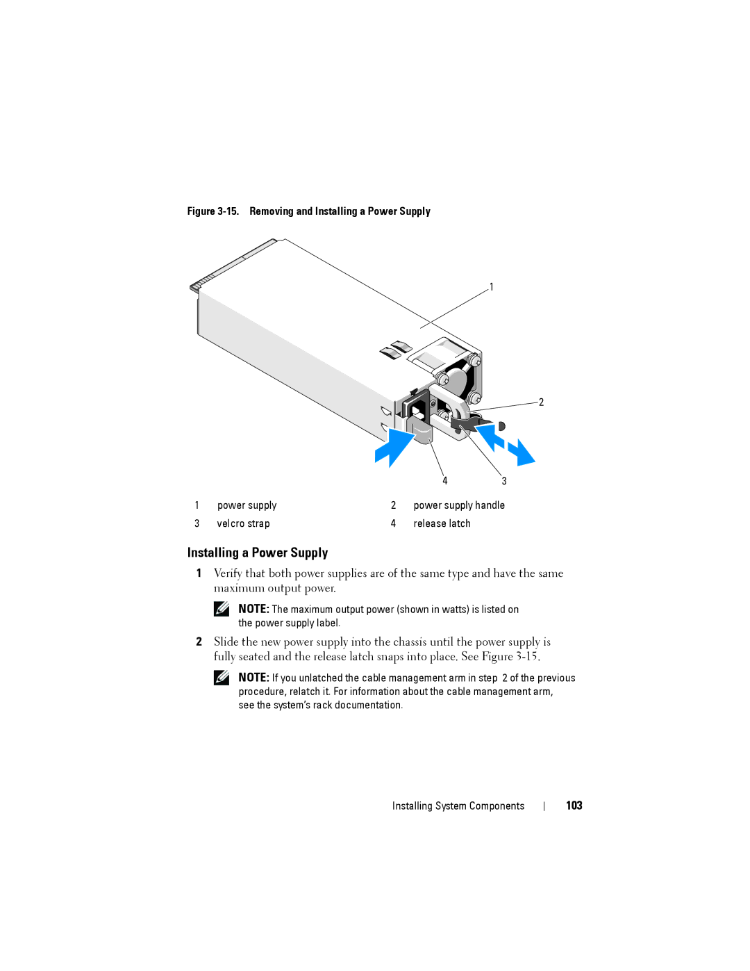 Dell R515 owner manual Installing a Power Supply, 103 