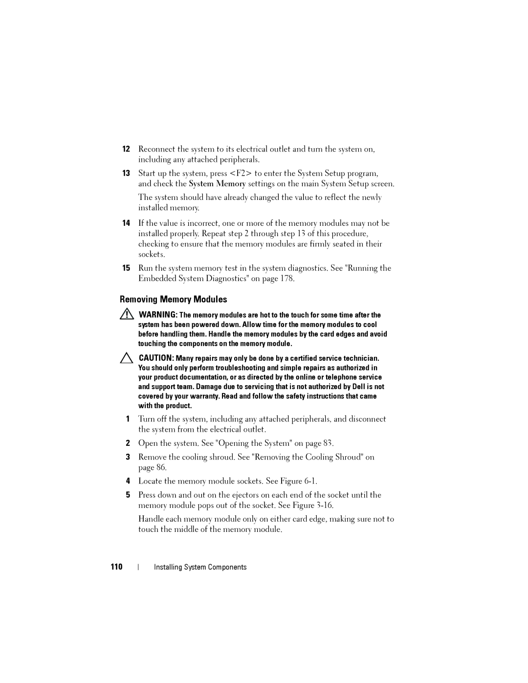 Dell R515 owner manual Removing Memory Modules, 110 