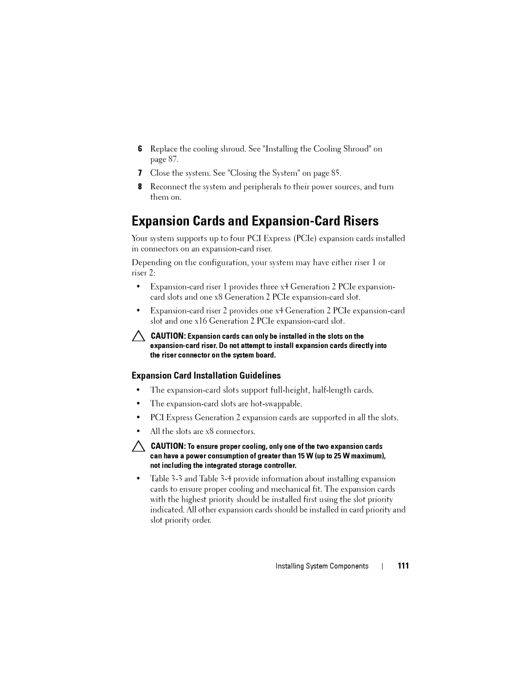 Dell R515 owner manual Expansion Cards and Expansion-Card Risers, Expansion Card Installation Guidelines, 111 