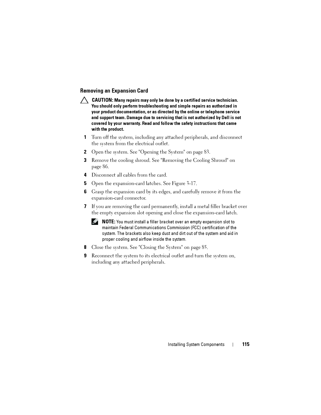 Dell R515 owner manual Removing an Expansion Card, 115 