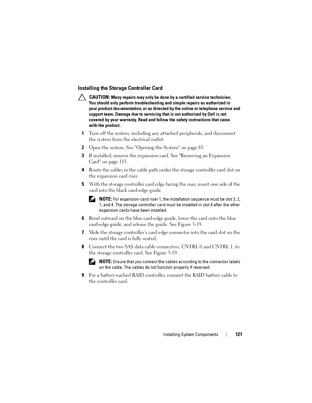 Dell R515 owner manual Installing the Storage Controller Card, 121 