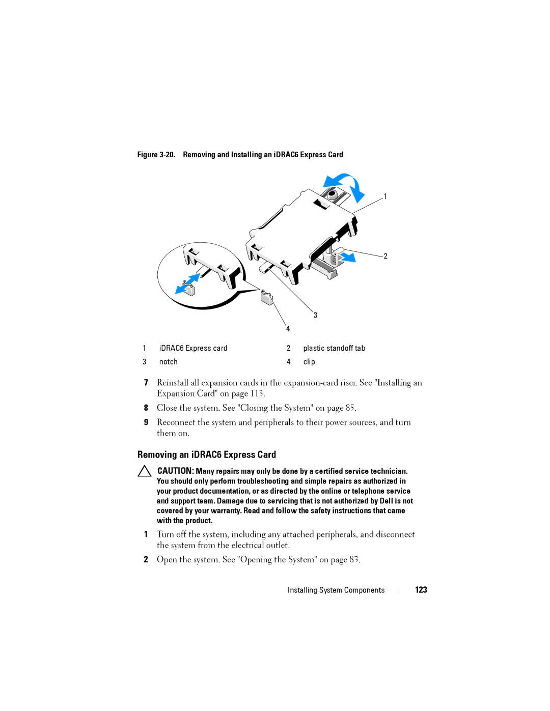 Dell R515 owner manual Removing an iDRAC6 Express Card, 123 