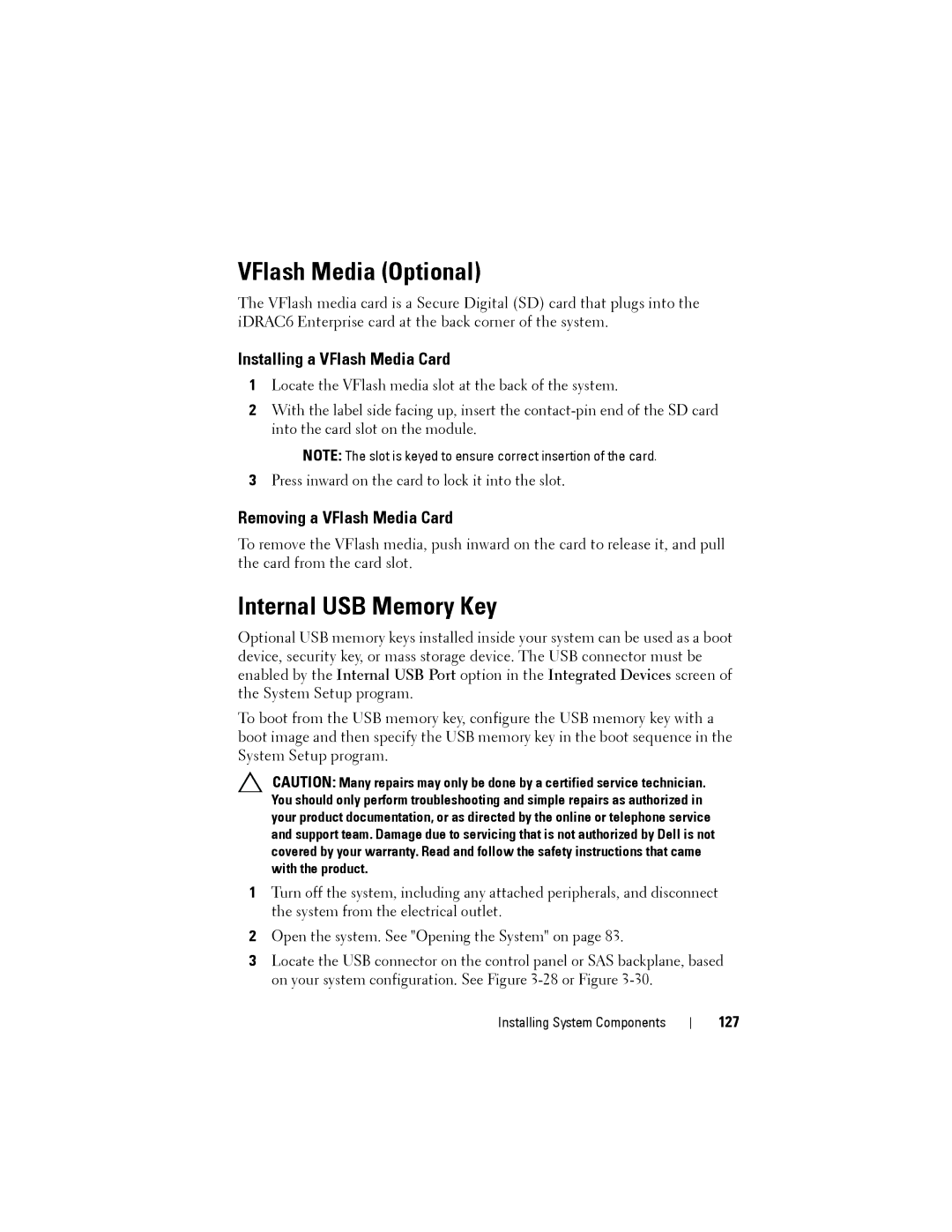 Dell R515 VFlash Media Optional, Internal USB Memory Key, Installing a VFlash Media Card, Removing a VFlash Media Card 