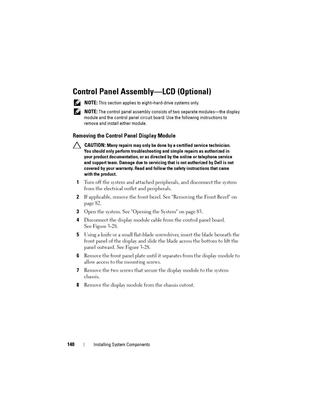 Dell R515 owner manual Control Panel Assembly-LCD Optional, Removing the Control Panel Display Module, 140 