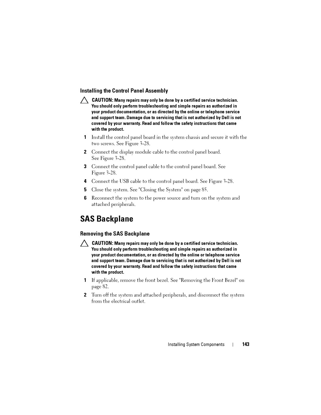 Dell R515 owner manual Installing the Control Panel Assembly, Removing the SAS Backplane, 143 