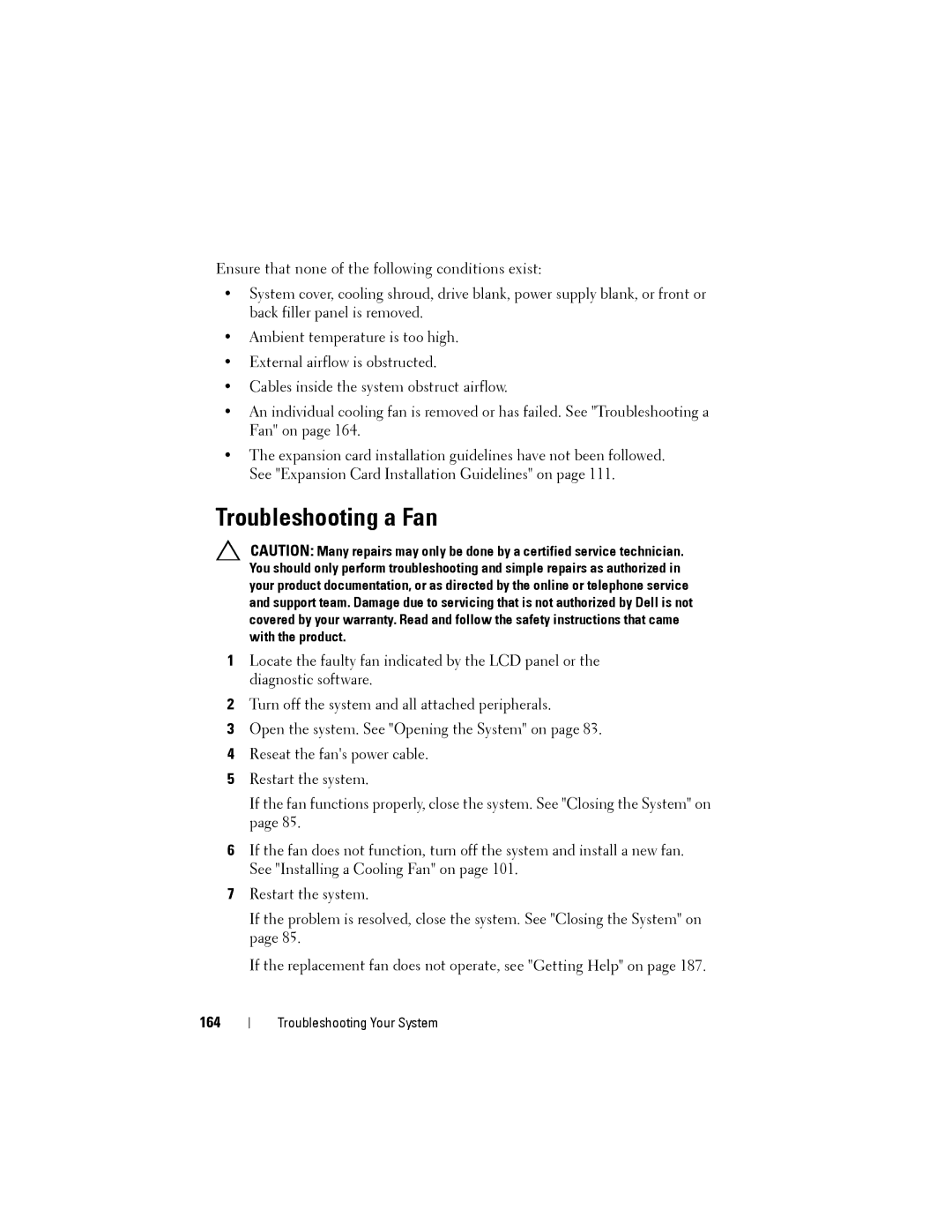 Dell R515 owner manual Troubleshooting a Fan, 164 