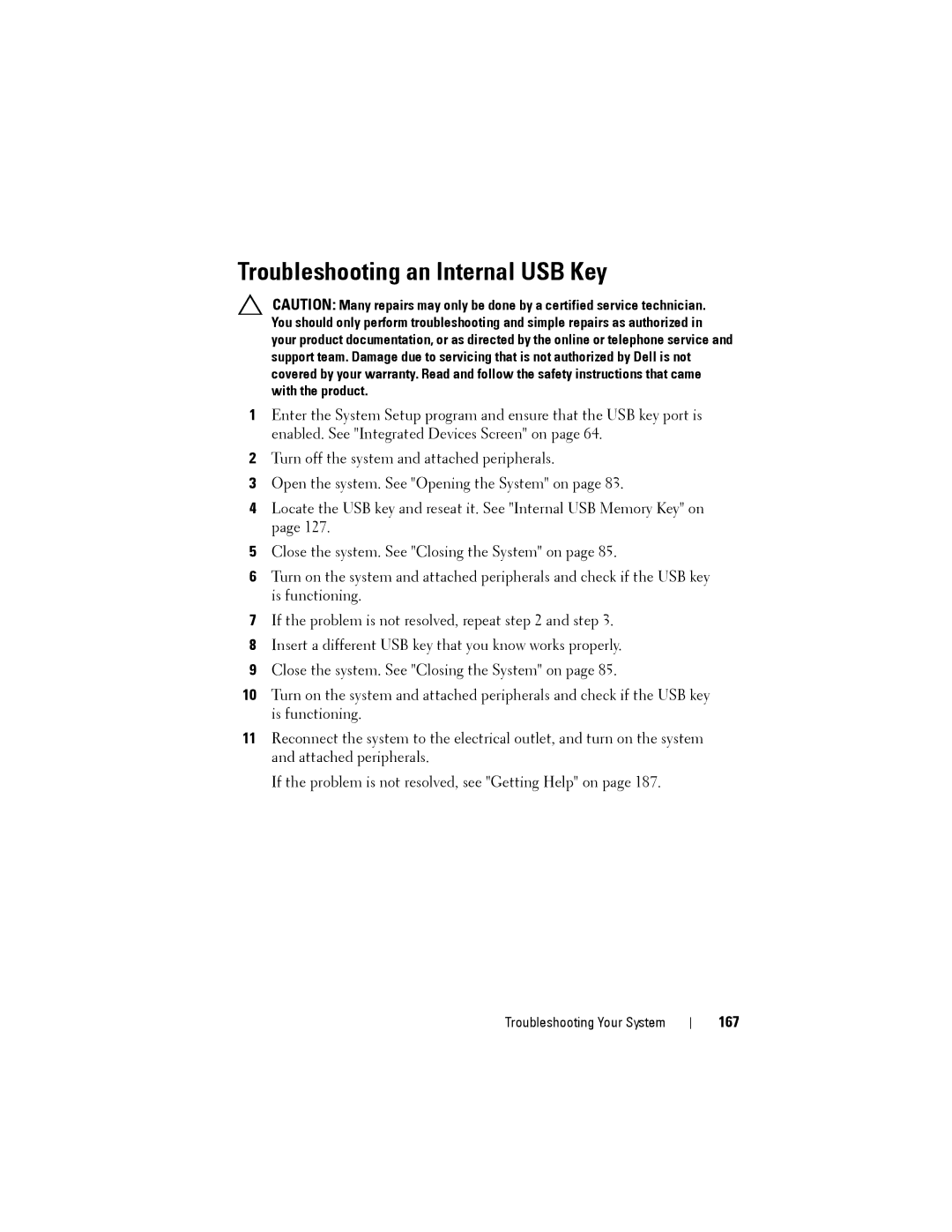 Dell R515 owner manual Troubleshooting an Internal USB Key, 167 