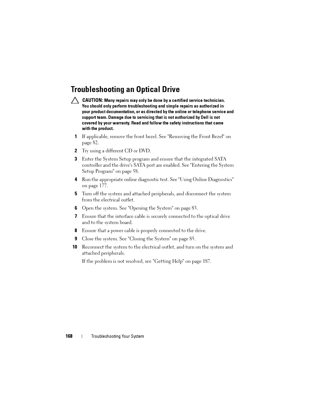 Dell R515 owner manual Troubleshooting an Optical Drive, 168 