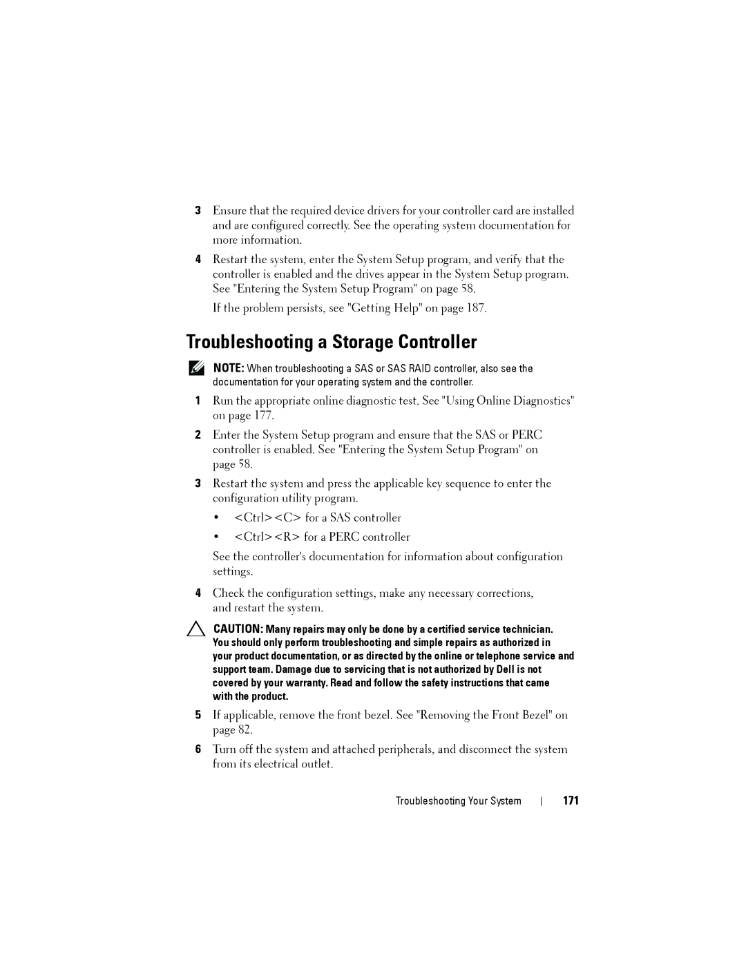 Dell R515 owner manual Troubleshooting a Storage Controller, 171 