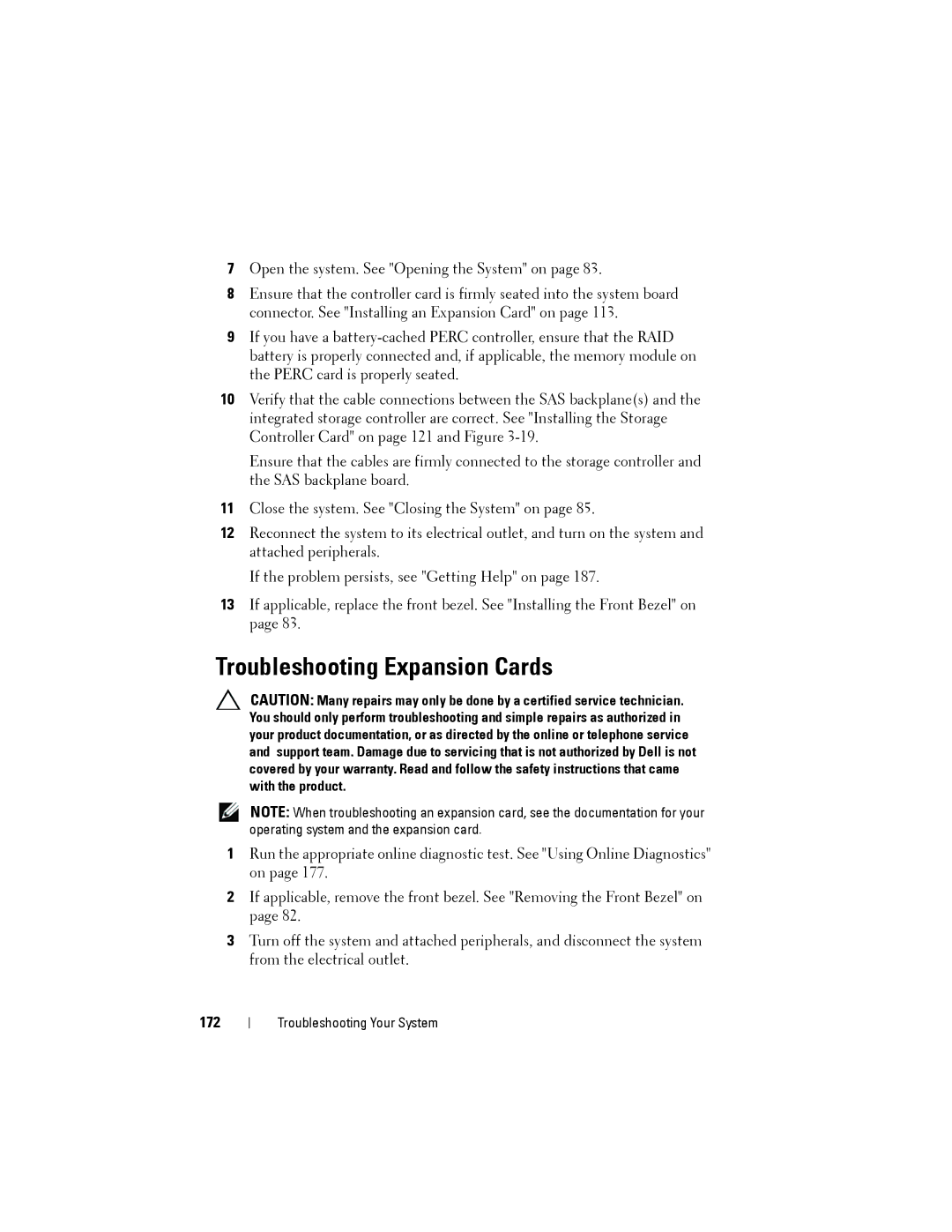 Dell R515 owner manual Troubleshooting Expansion Cards, 172 