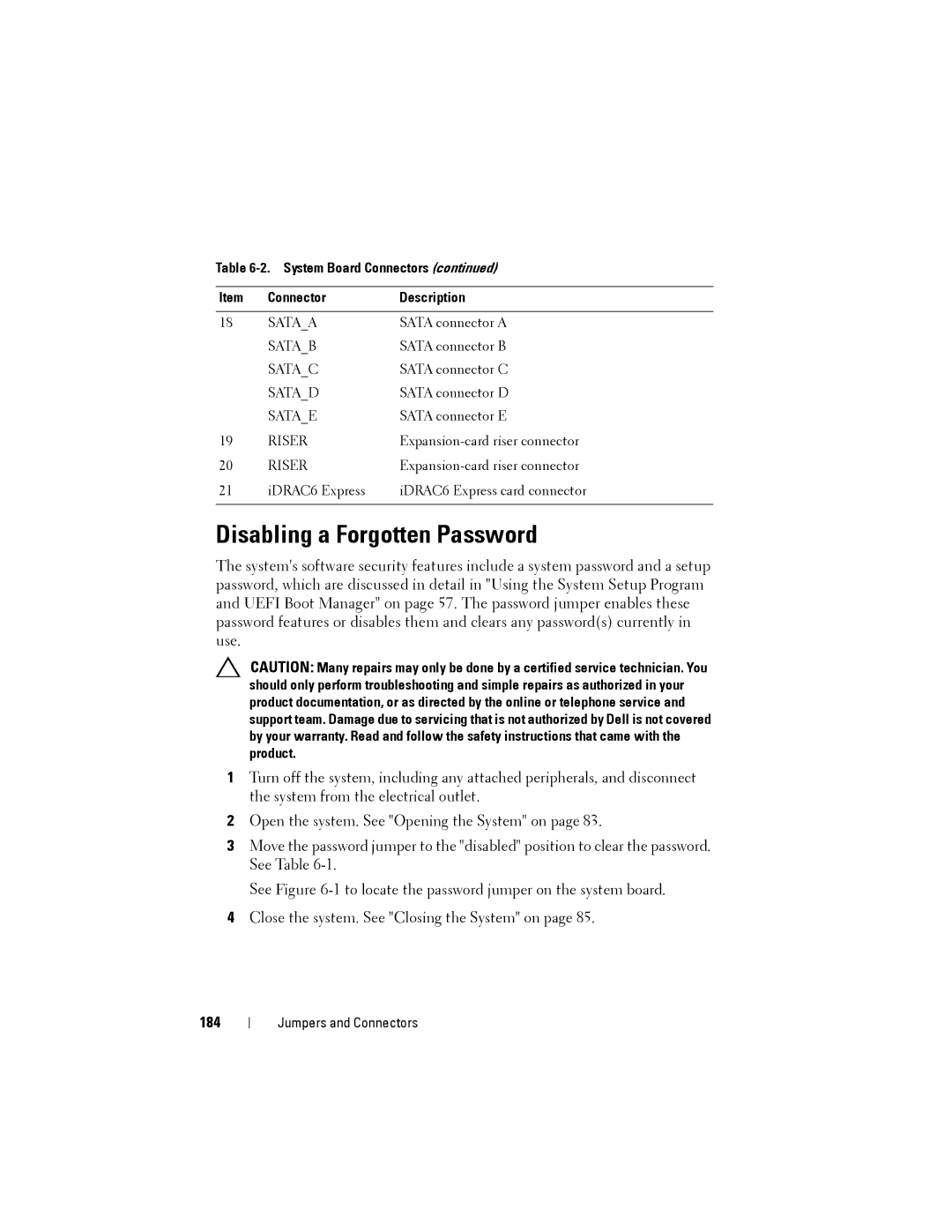 Dell R515 owner manual Disabling a Forgotten Password, 184 