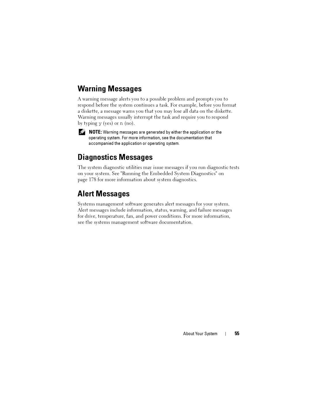 Dell R515 owner manual Diagnostics Messages, Alert Messages 