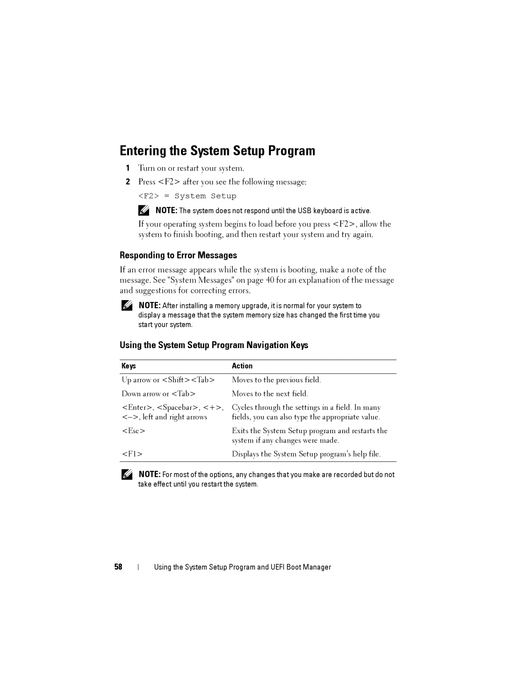 Dell R515 Entering the System Setup Program, Responding to Error Messages, Using the System Setup Program Navigation Keys 