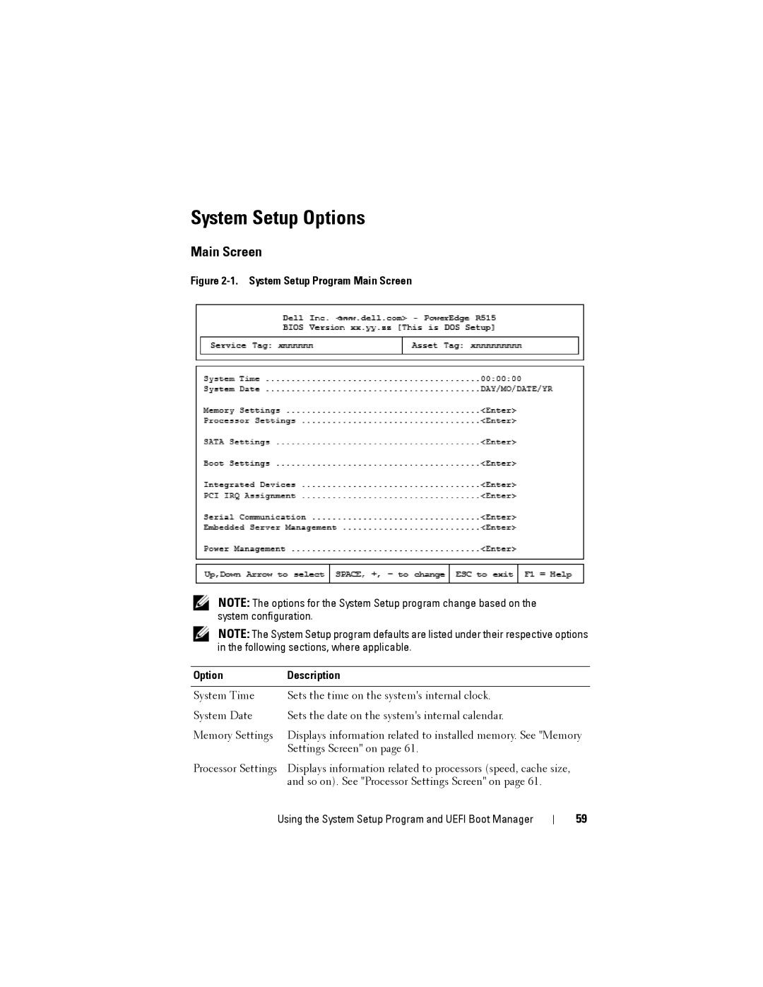 Dell R515 owner manual System Setup Options, Main Screen 