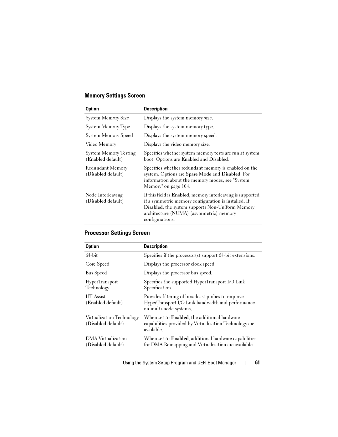 Dell R515 owner manual Memory Settings Screen, Processor Settings Screen 