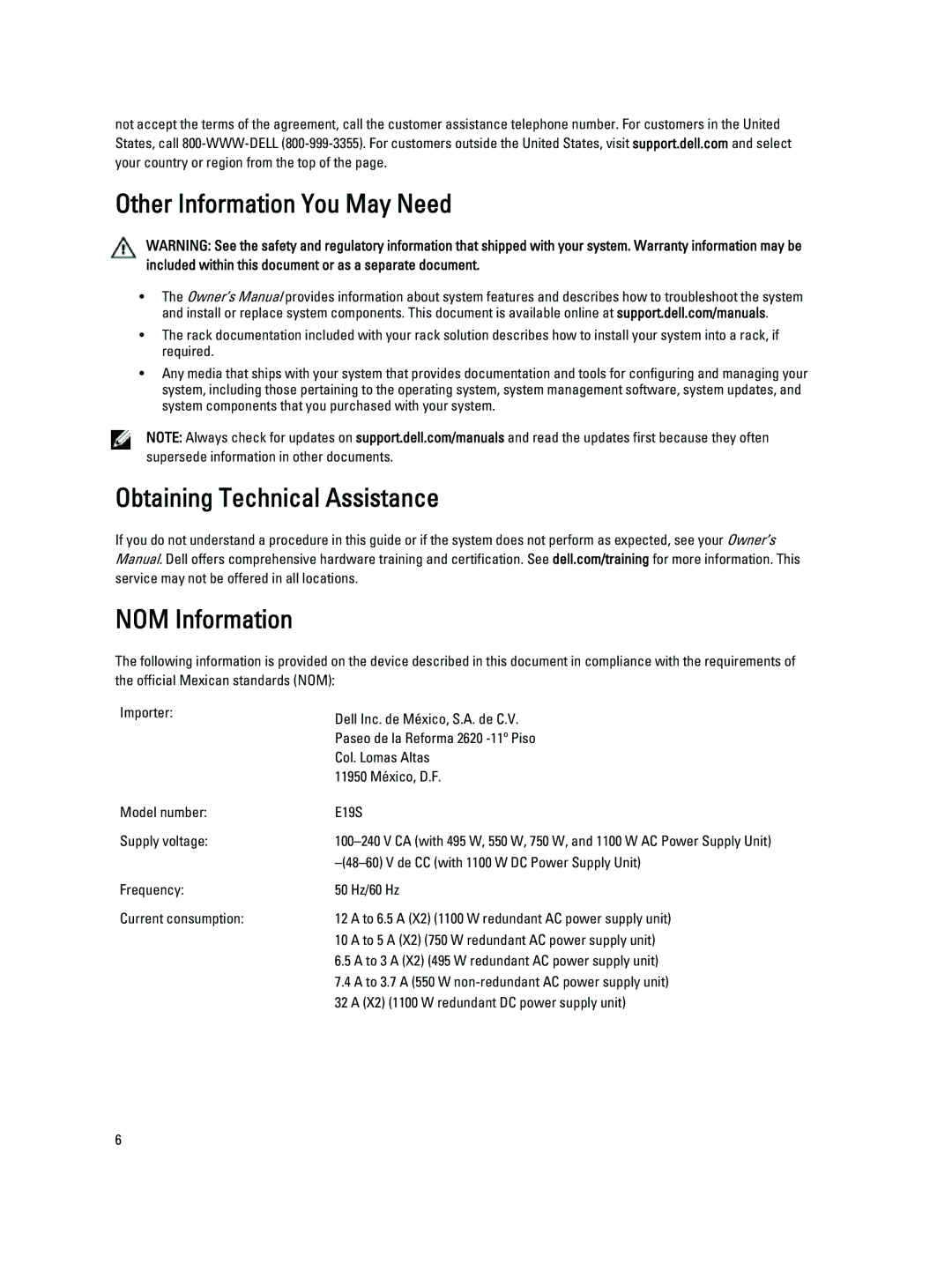 Dell R520 manual Other Information You May Need, Obtaining Technical Assistance NOM Information 