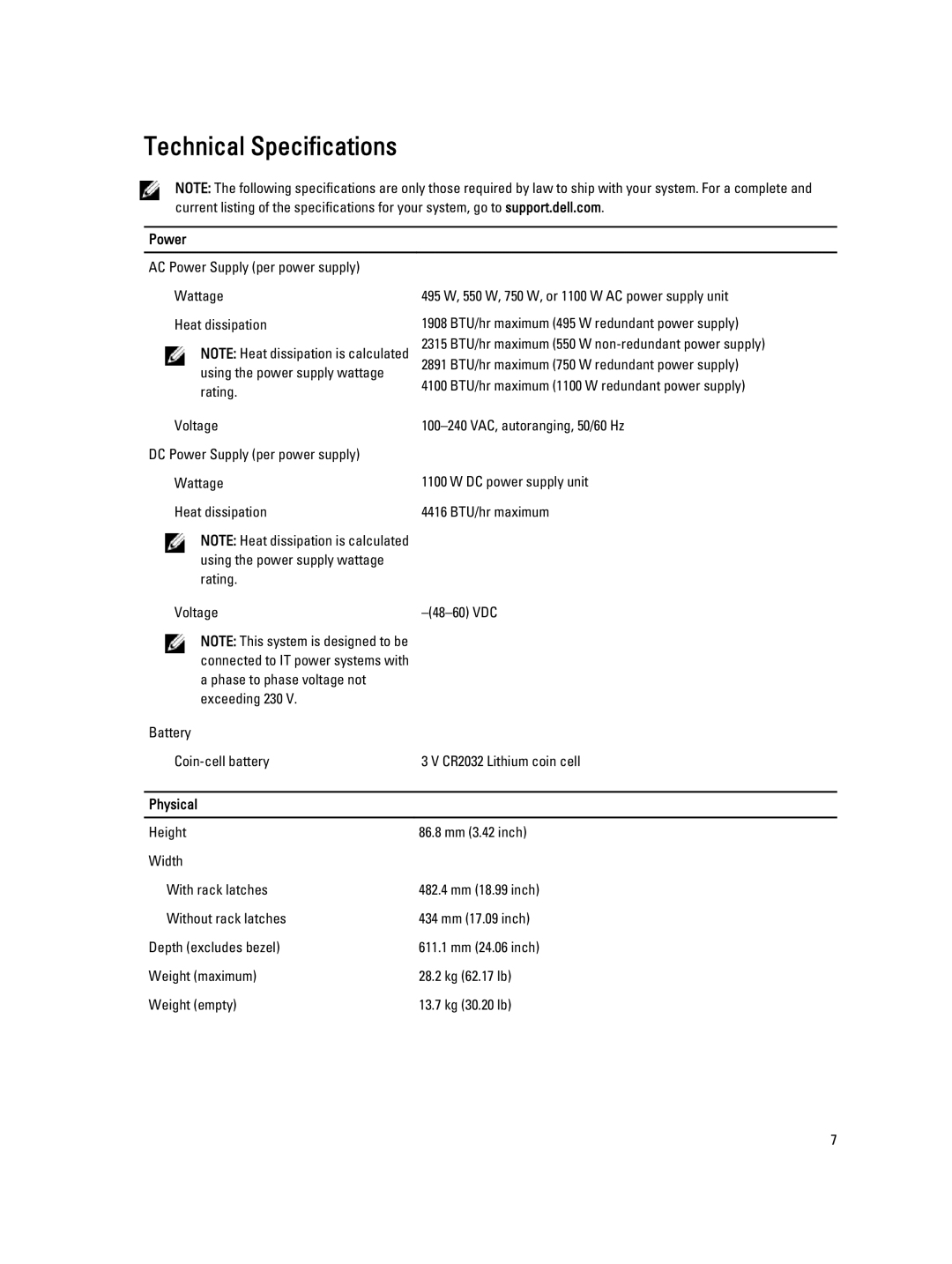 Dell R520 manual Technical Specifications, Power, Physical 