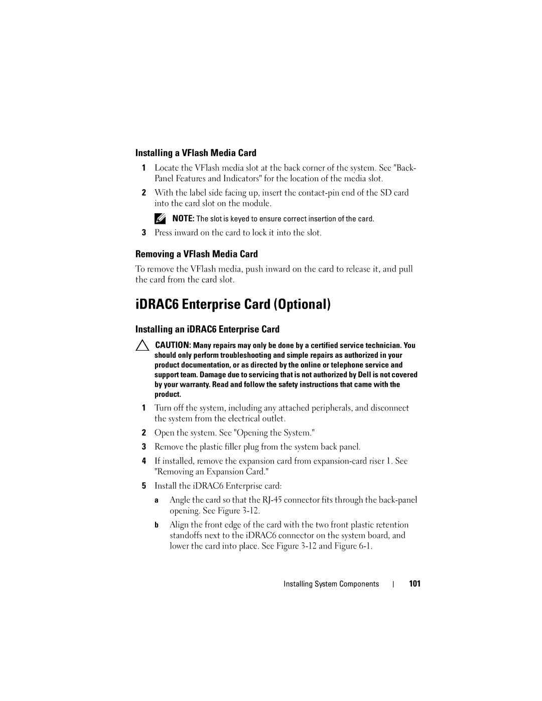 Dell A03, R610 IDRAC6 Enterprise Card Optional, Installing a VFlash Media Card, Removing a VFlash Media Card, 101 