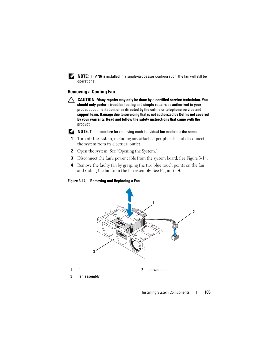 Dell A03, R610 owner manual Removing a Cooling Fan, 105, Fan assembly Installing System Components 