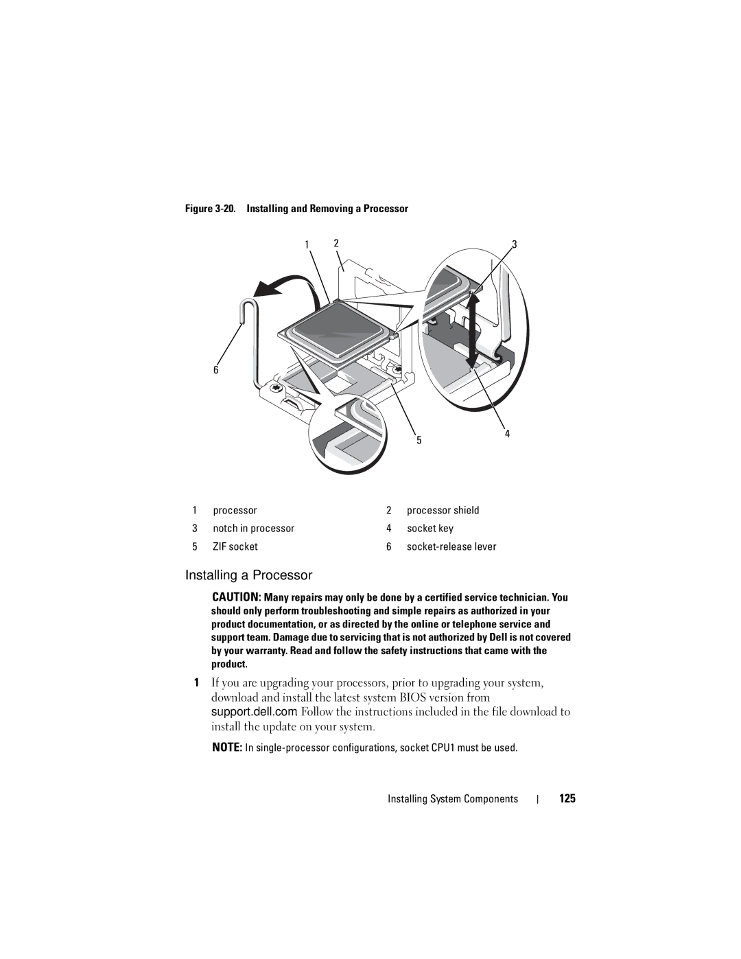 Dell A03, R610 owner manual Installing a Processor, 125 