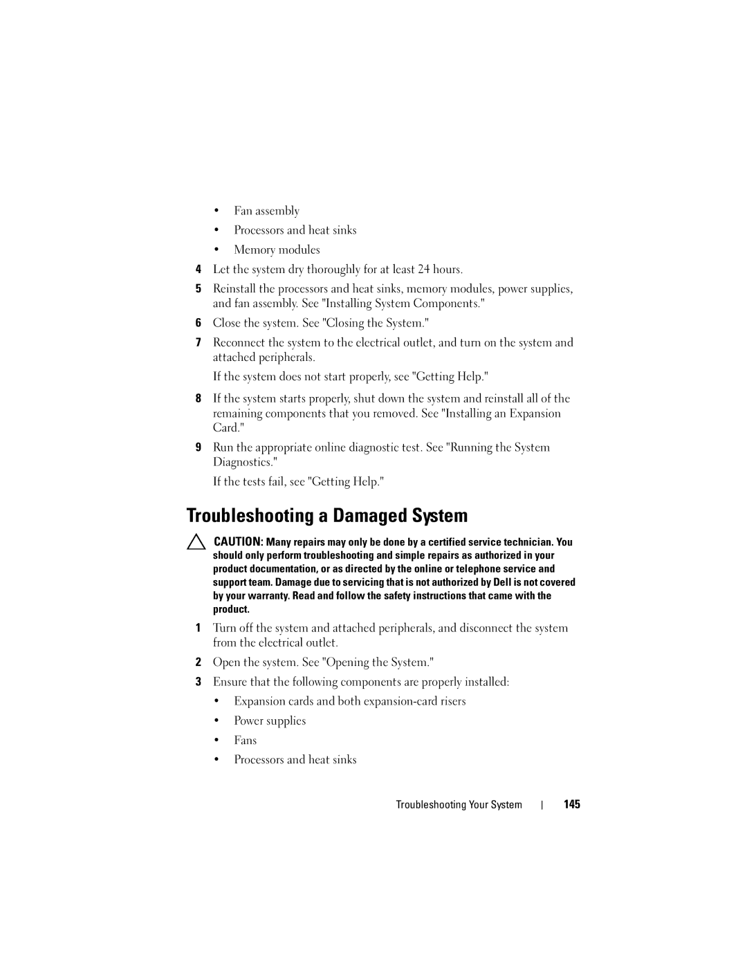 Dell A03, R610 owner manual Troubleshooting a Damaged System, 145 