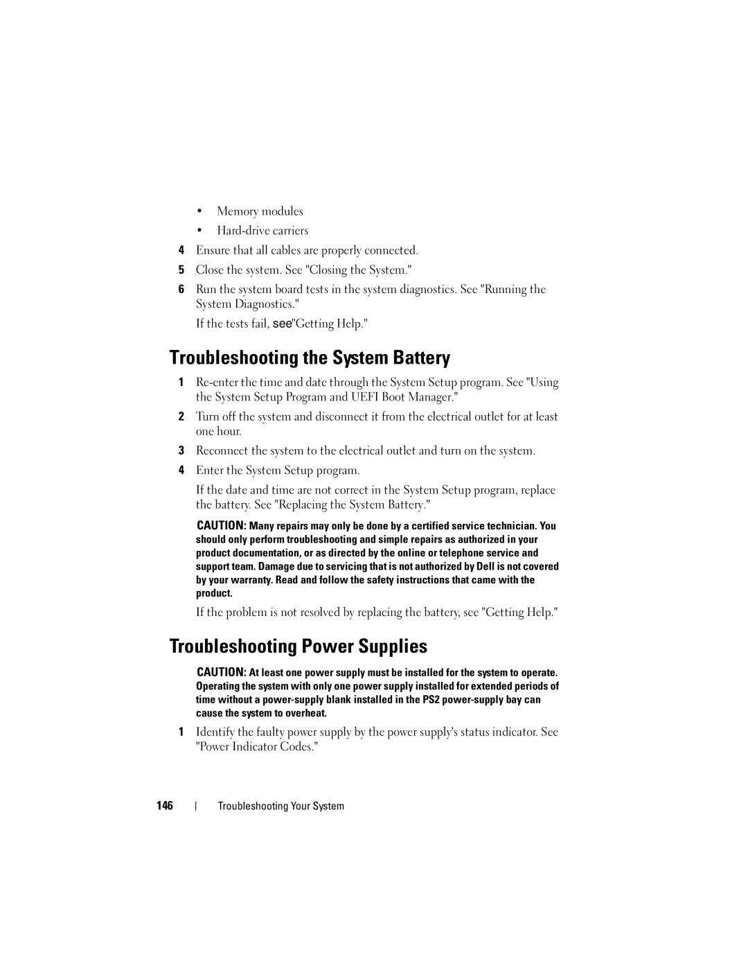 Dell R610, A03 owner manual Troubleshooting the System Battery, Troubleshooting Power Supplies 