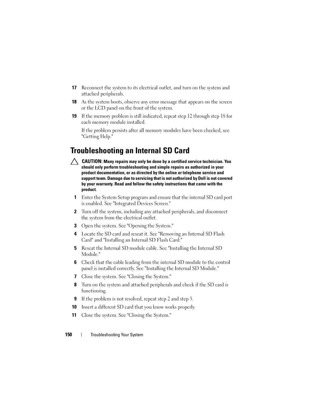 Dell R610, A03 owner manual Troubleshooting an Internal SD Card 