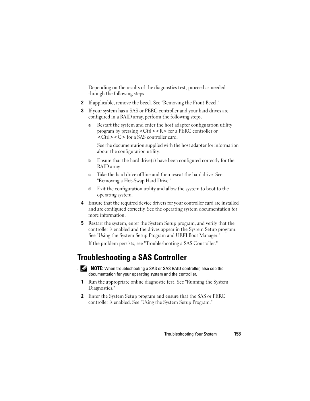 Dell A03, R610 owner manual Troubleshooting a SAS Controller, 153 