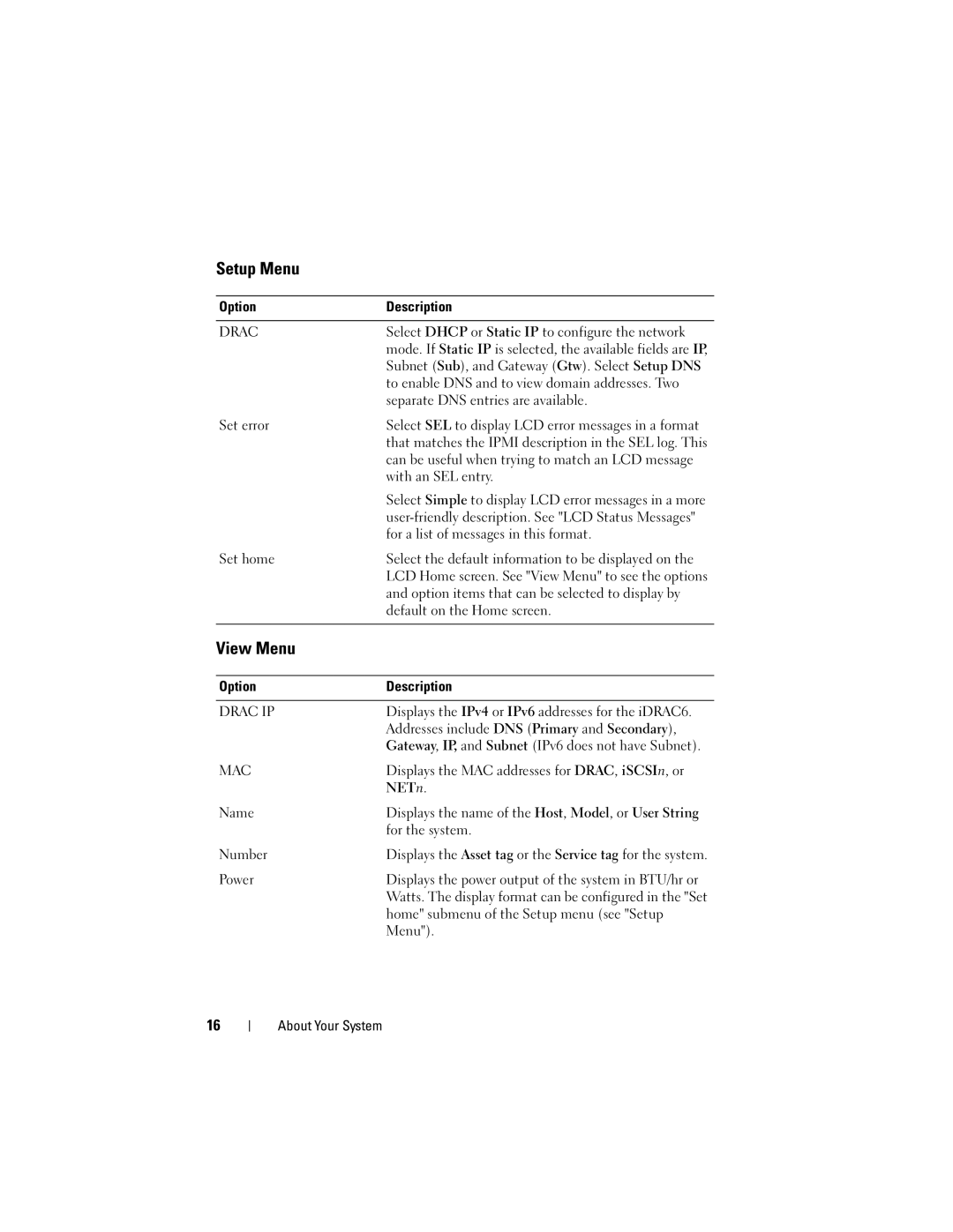 Dell R610, A03 owner manual Setup Menu, View Menu 