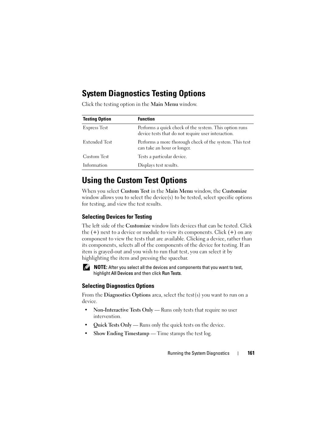 Dell A03, R610 owner manual System Diagnostics Testing Options, Using the Custom Test Options, Selecting Devices for Testing 