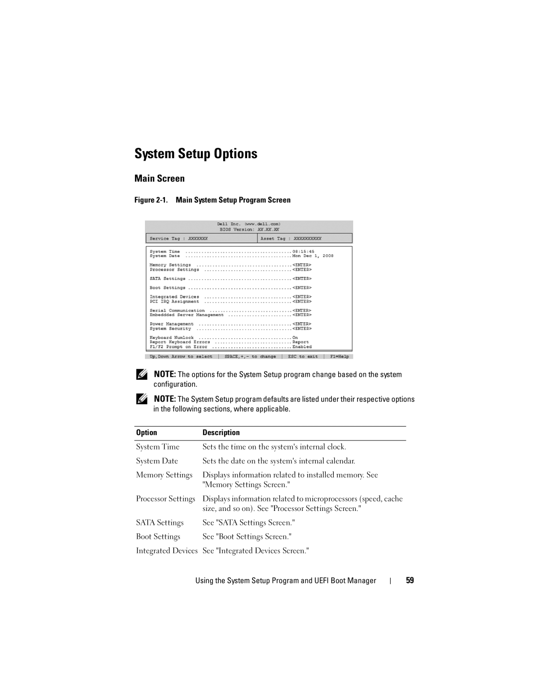 Dell A03 System Setup Options, Main Screen, Size, and so on. See Processor Settings Screen, See Integrated Devices Screen 