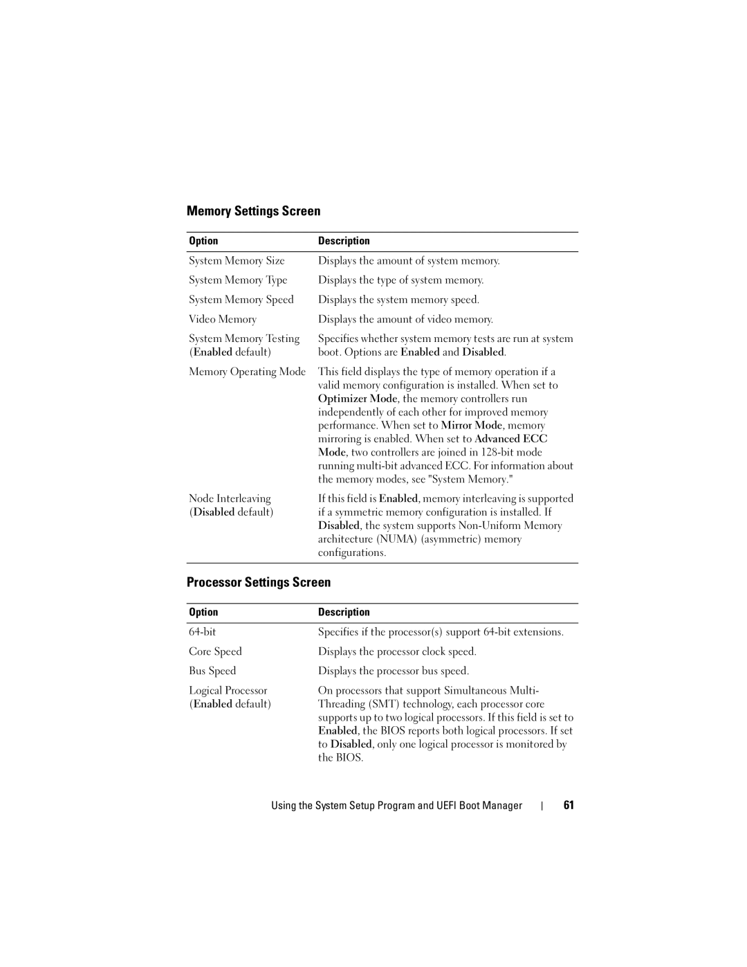 Dell A03, R610 owner manual Memory Settings Screen, Processor Settings Screen 