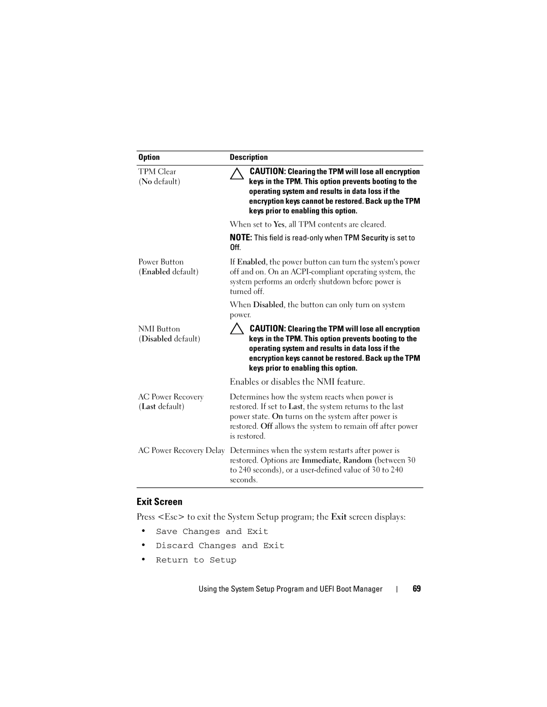 Dell A03, R610 owner manual Exit Screen, Enables or disables the NMI feature 