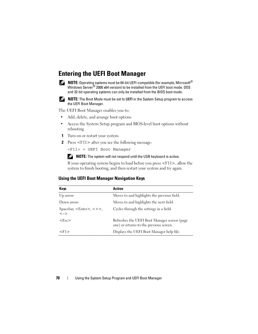 Dell R610, A03 owner manual Entering the Uefi Boot Manager, Using the Uefi Boot Manager Navigation Keys 