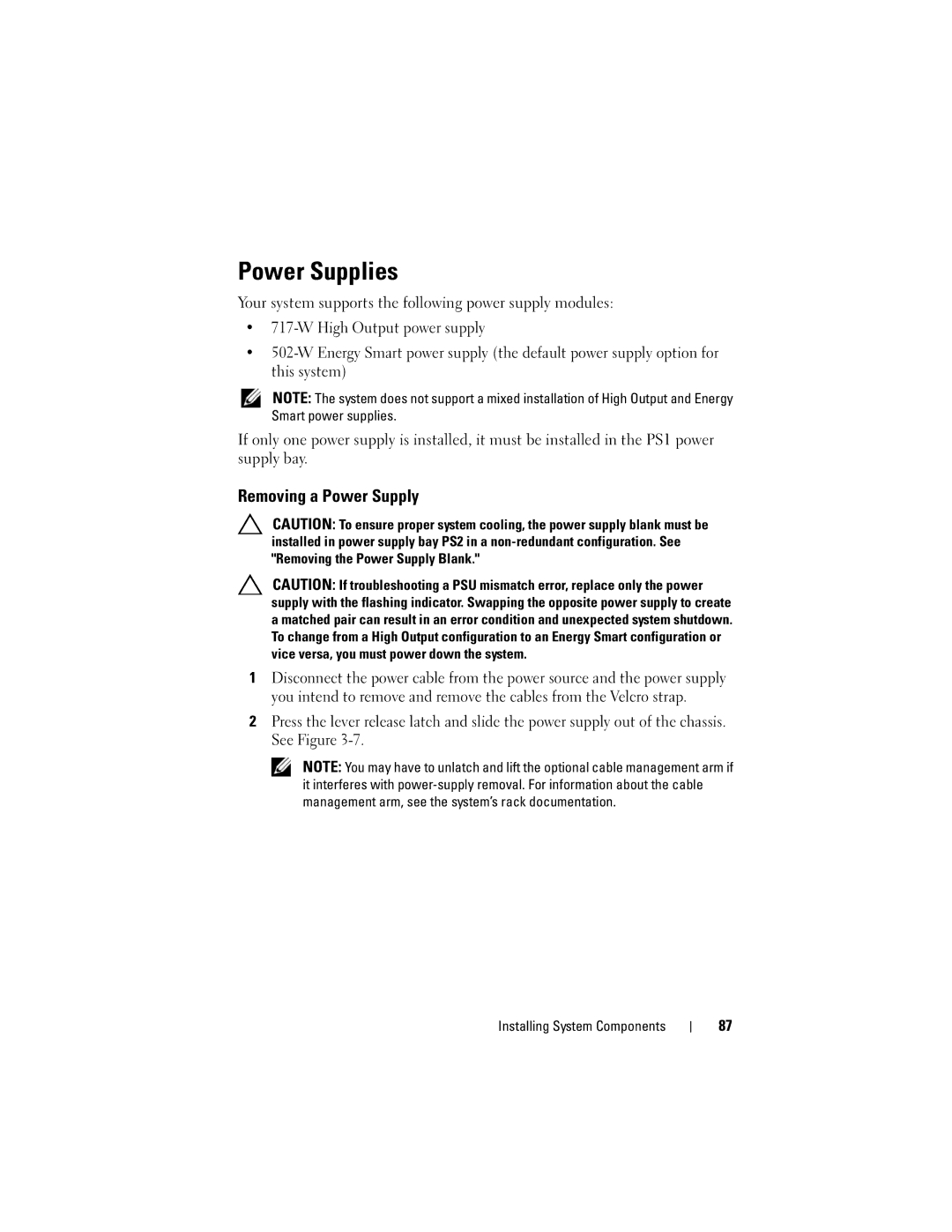 Dell A03, R610 owner manual Power Supplies, Removing a Power Supply 