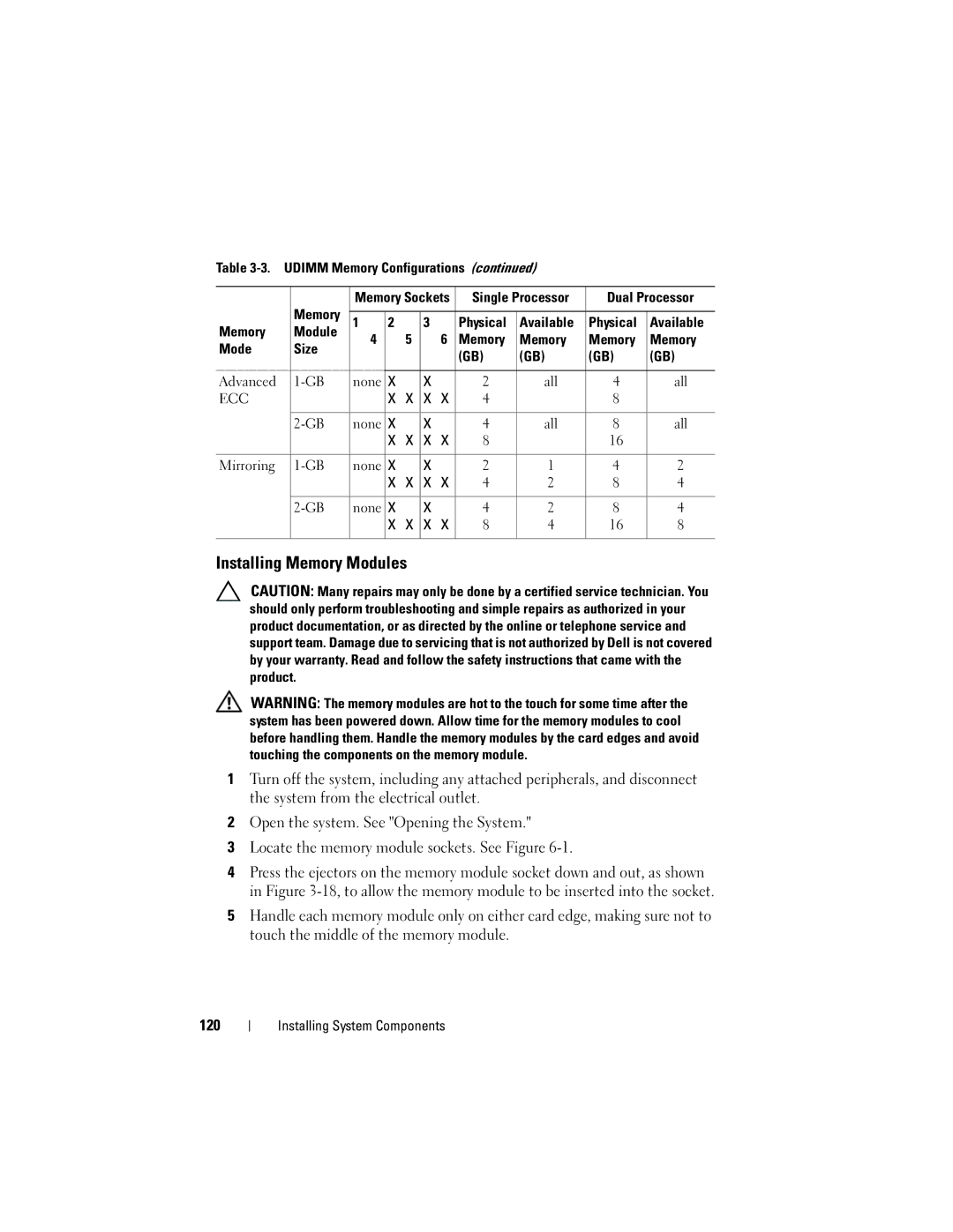 Dell R610 owner manual Installing Memory Modules, Mirroring None 