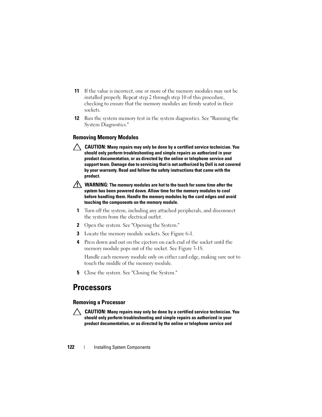 Dell R610 owner manual Processors, Removing Memory Modules, Removing a Processor, 122 