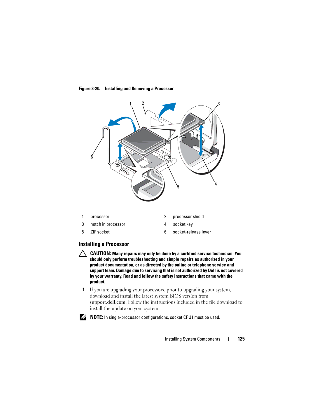 Dell R610 owner manual Installing a Processor, 125 