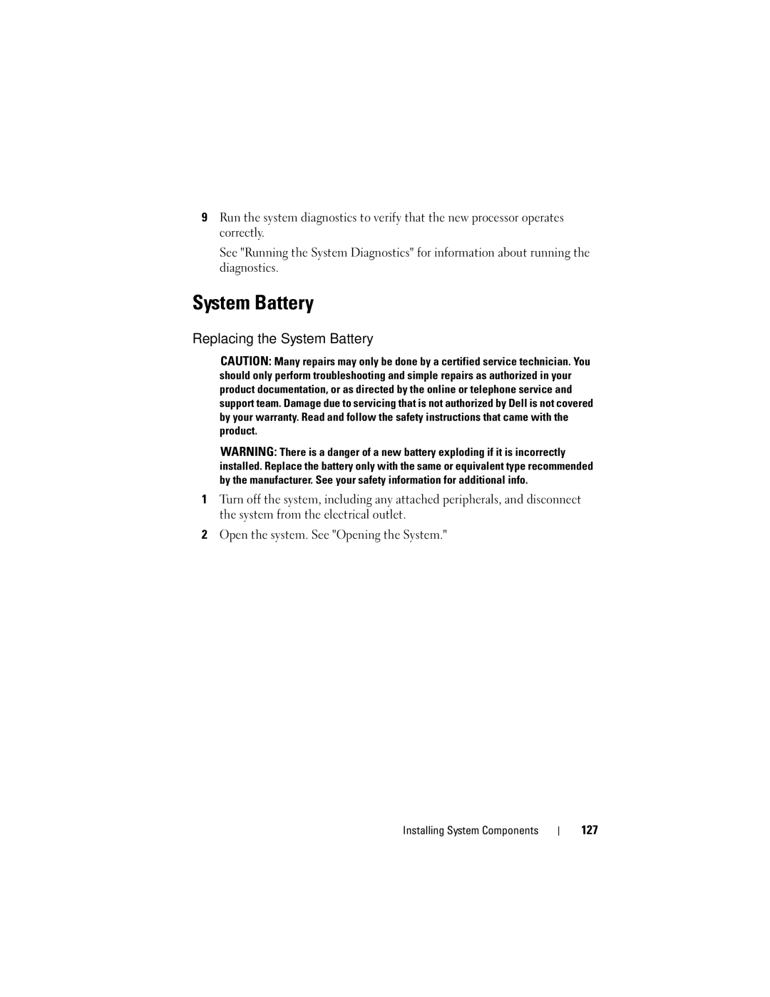 Dell R610 owner manual Replacing the System Battery, 127 