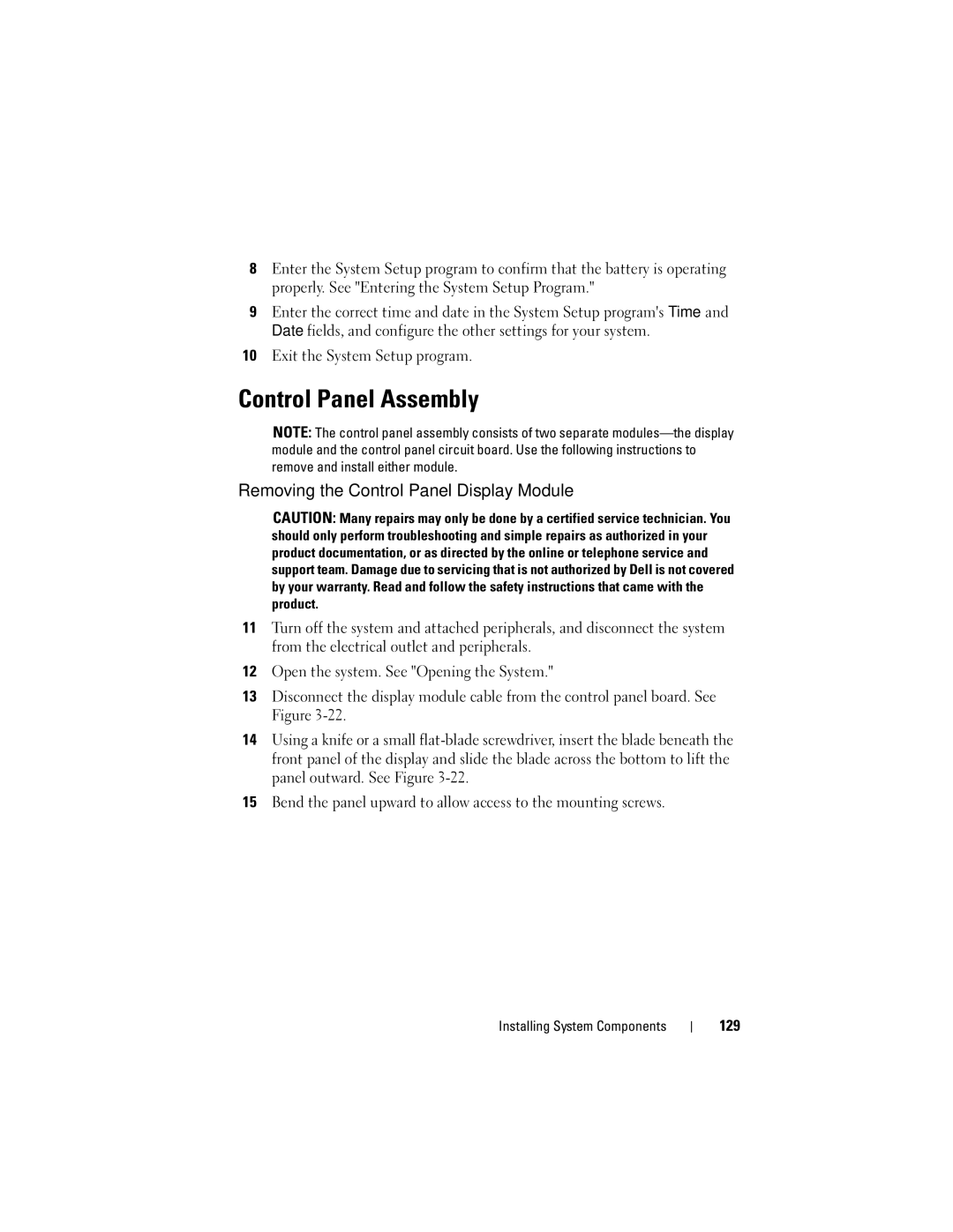 Dell R610 owner manual Control Panel Assembly, Removing the Control Panel Display Module, 129 