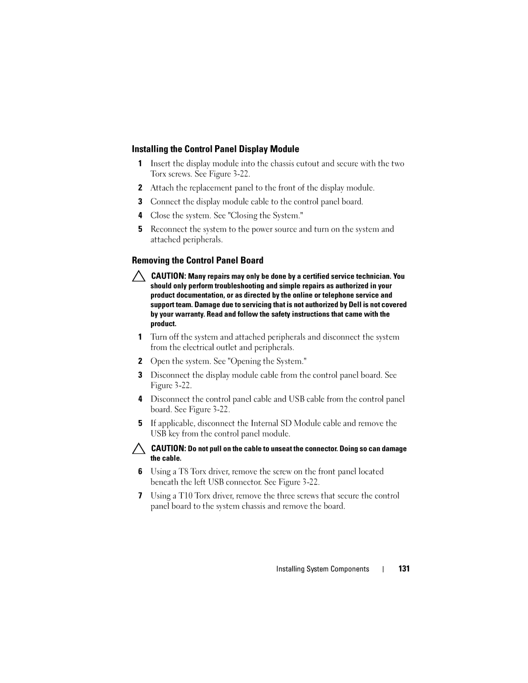 Dell R610 owner manual Installing the Control Panel Display Module, Removing the Control Panel Board, 131 