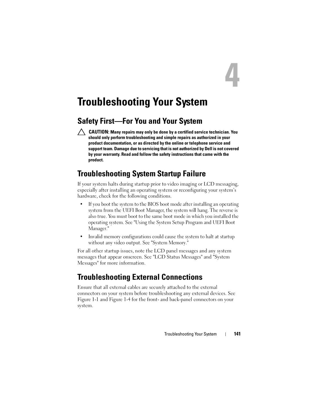 Dell R610 owner manual Troubleshooting External Connections, 141, Troubleshooting Your System 