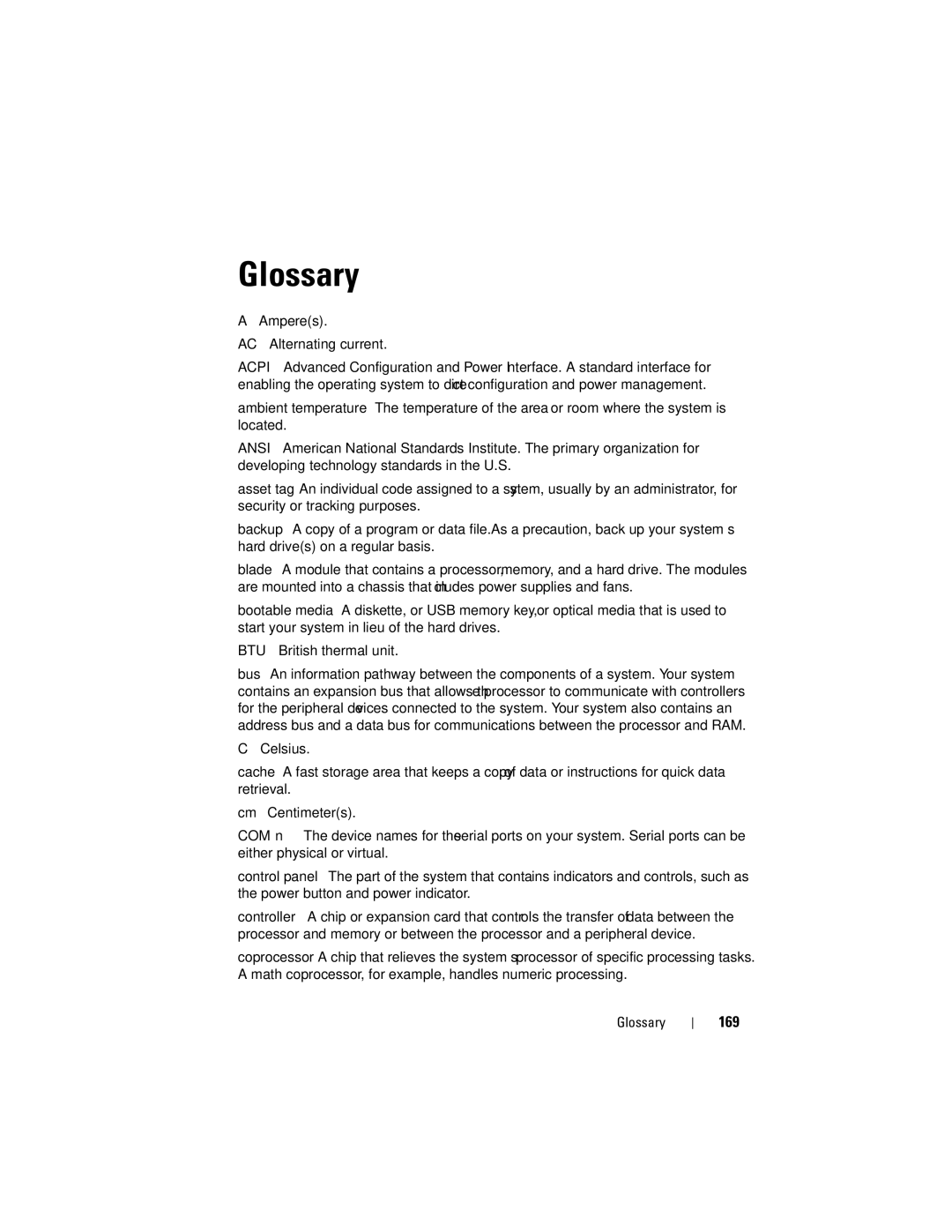 Dell R610 owner manual 169, Amperes AC Alternating current, Glossary 