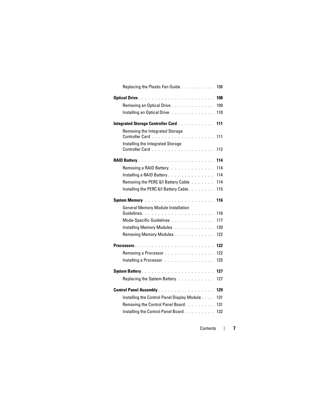 Dell R610 owner manual Replacing the Plastic Fan Guide 108, Installing the Integrated Storage, 112, 114, 116, 125, 127, 129 