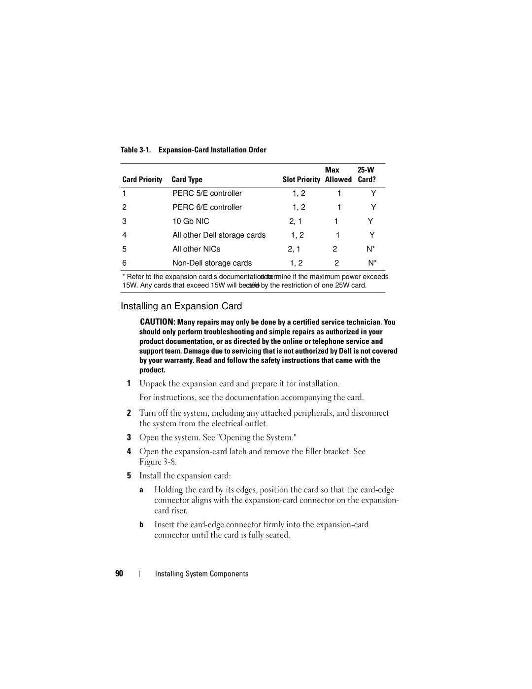 Dell R610 owner manual Installing an Expansion Card 