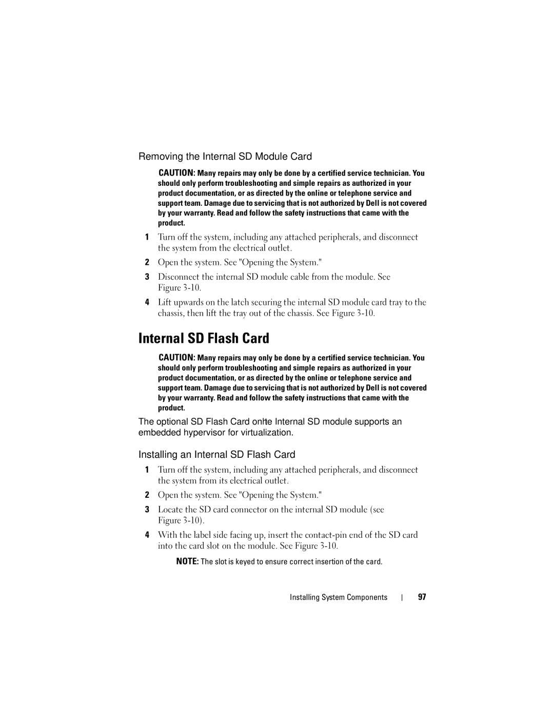 Dell R610 owner manual Removing the Internal SD Module Card, Installing an Internal SD Flash Card 