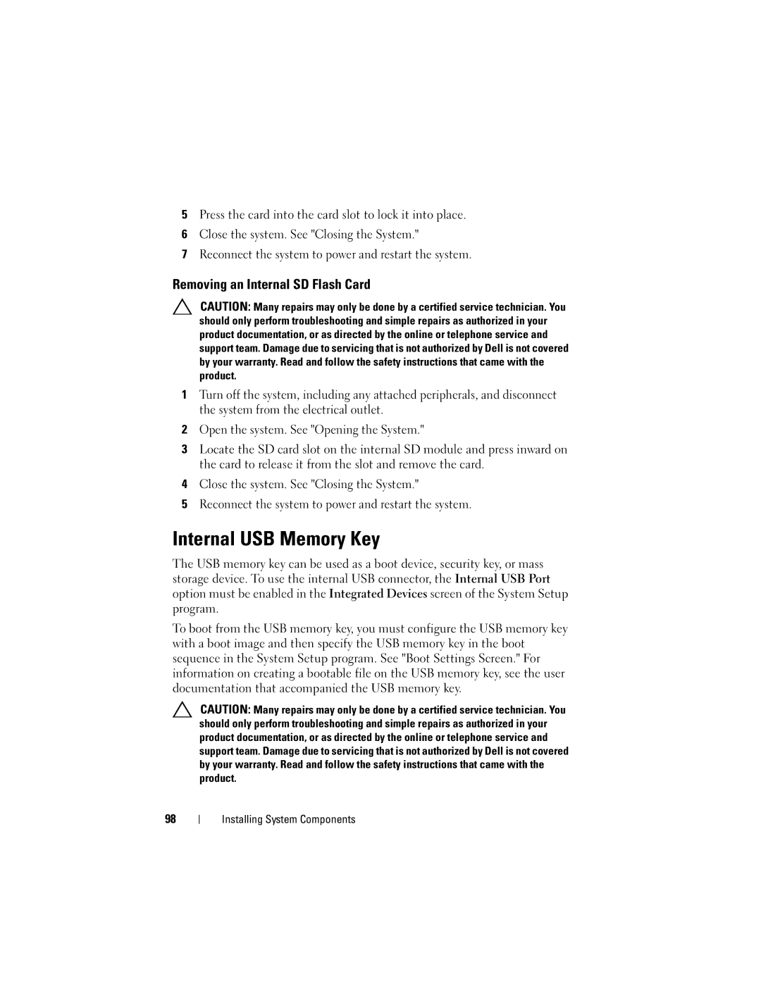 Dell R610 owner manual Internal USB Memory Key, Removing an Internal SD Flash Card 